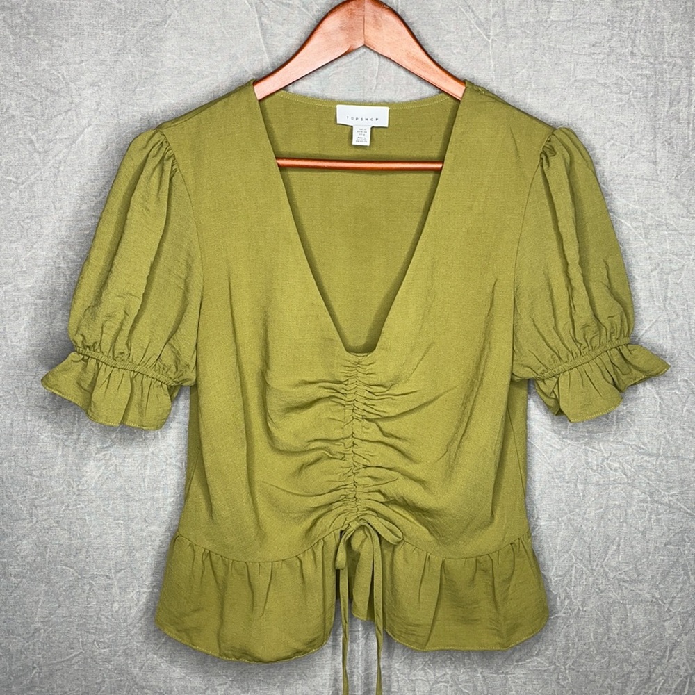 [ Topshop ] Olive Green || Ribbon + Ruched Front Balloon Sleeve Top US Size 6